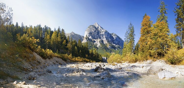 Mountain torrent in the autumnal Engtal Valley, near the Hagelhuette cabin, Karwendel, Austria, Europe