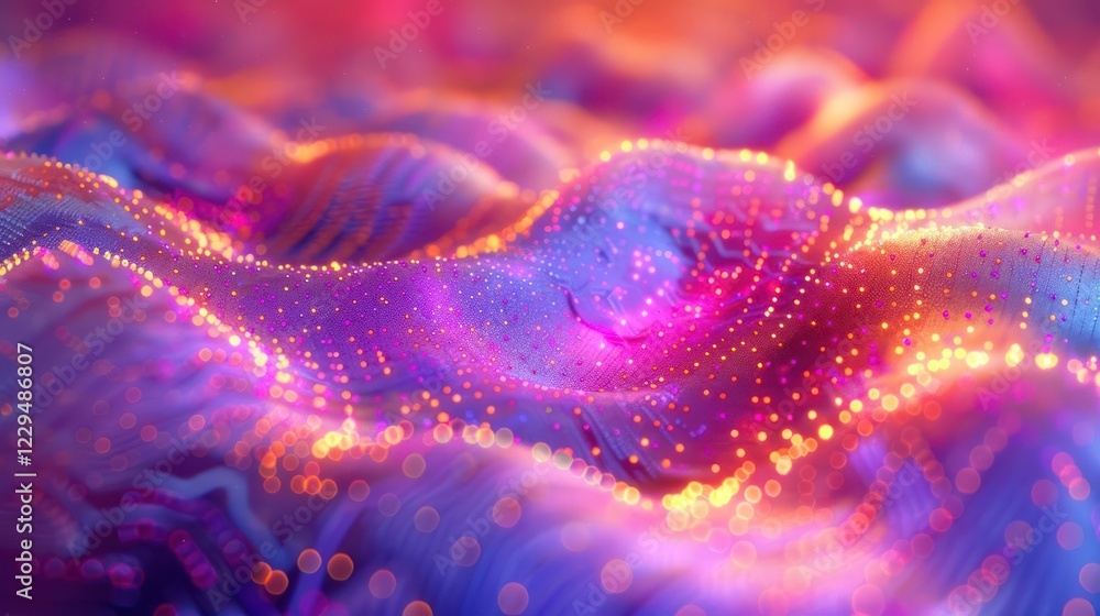 Poster abstract digital landscape with vibrant waves and glowing particles in a colorful background