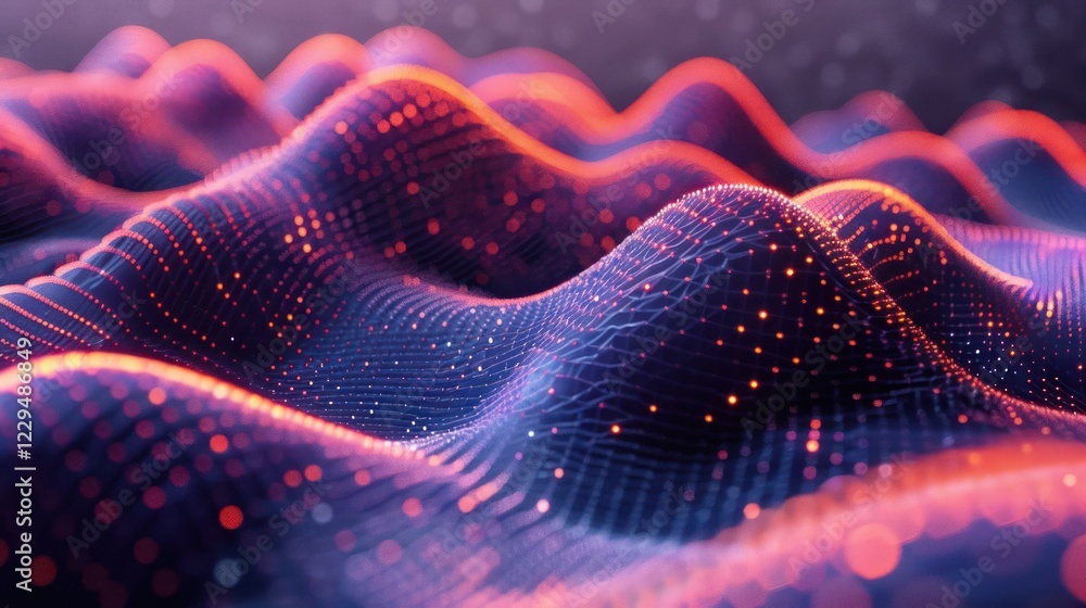 Poster abstract representation of digital waves with glowing particles in a vibrant gradient background