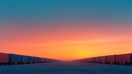 Obraz premium Expansive view of a vibrant sunset over a serene road flanked by trailers, capturing tranquility and vastness.