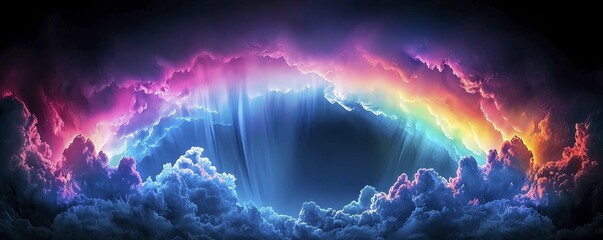 A vibrant, colorful arch of a rainbow emerges from dark, swirling clouds, creating a mystical, dreamlike atmosphere.