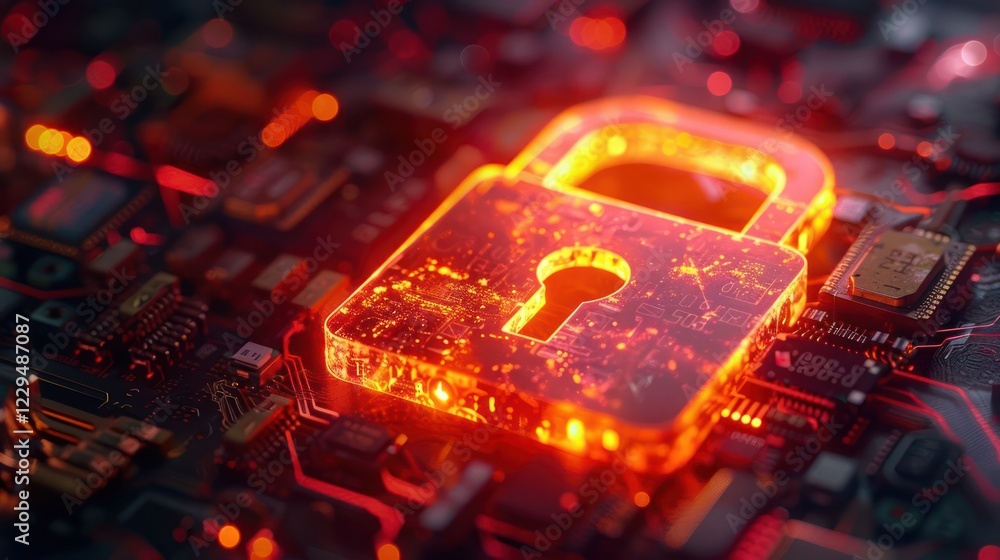Poster glowing digital padlock symbolizing cybersecurity on a circuit board background with vibrant colors