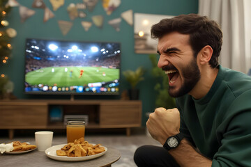 Excited Man Cheers Watching a Sports Game on TV at Home with Snacks and Drinks