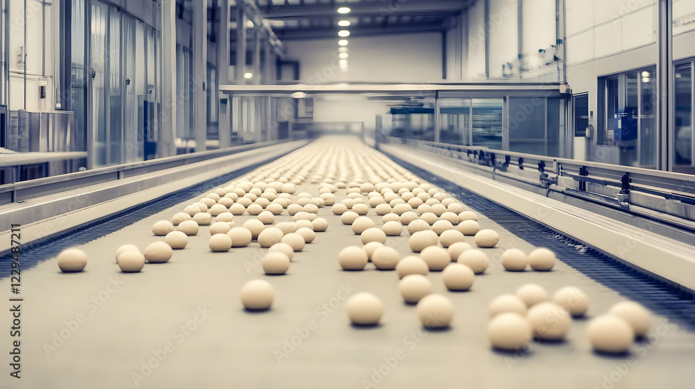 Poster eggs move on conveyor belt in factory processing, ensuring quality and freshness efficiently.