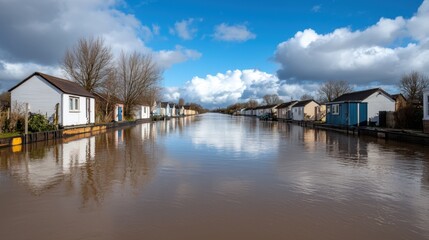 Fototapeta premium Flooded residential street under clear blue sky, reflecting clouds and houses, illustrating the impact of natural disasters.