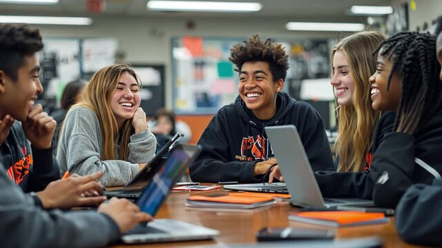 Laughter and Learning: A group of diverse high school students share a lighthearted moment in a classroom setting, radiating joy and camaraderie as they engage in a collaborative learning experience.