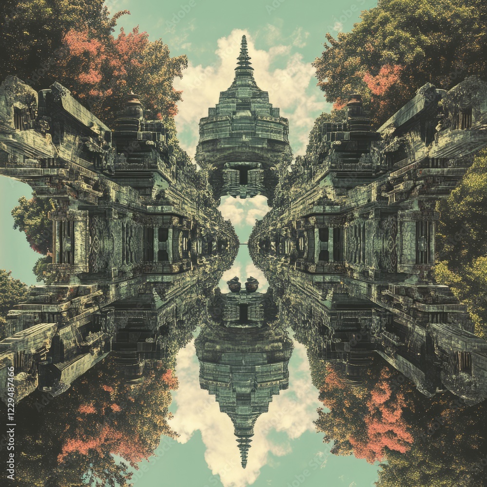Poster building with a large tower and a tree in the background. the building is reflected in the water