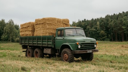 Green truck loaded with hay bales parked in a field, surrounded by trees, under a cloudy sky, symbolizing rural transportation.