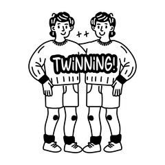 Two people wearing matching outfits with twinning typography, glyph style sticker 