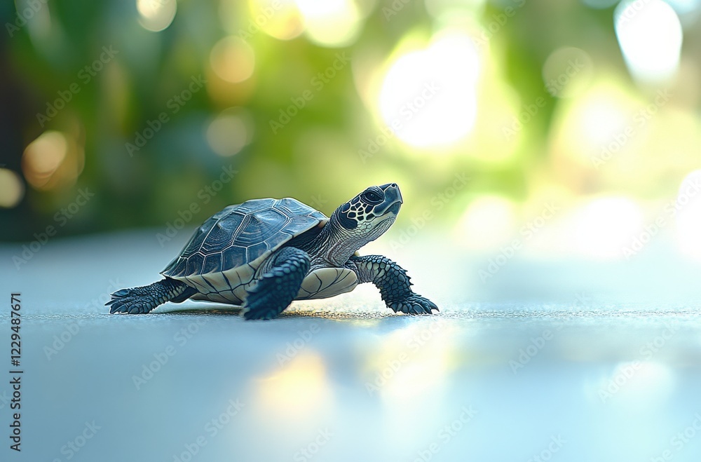 Poster close-up of a tiny turtle crawling on a smooth surface with soft focus background of natural greener