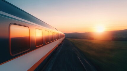 Naklejka premium High-speed train traveling through scenic landscape at sunset, highlighting a serene journey and modern technology.