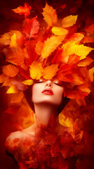 Naklejka premium Autumn Beauty: Woman Embraces Fall with Colorful Leaves, a Portrait of Seasonal Elegance.