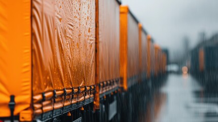 Line of orange trucks covered with rain, parked along a wet industrial road. Vibrant colors highlight the scene's dynamic weather impact.