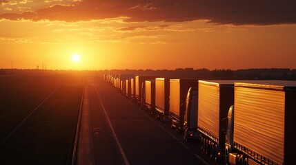 Obraz premium Long line of trucks traveling on a highway at sunset, casting shadows and reflecting warm sunlight, symbolizing transportation and logistics.