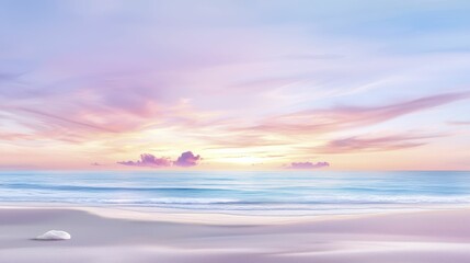 Obraz premium A tranquil beach scene at sunset, showcasing soft pastel colors in the sky and gentle waves lapping at the shore.