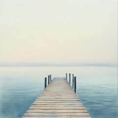 Fototapeta premium A peaceful wooden pier stretches into a misty lake at dawn, creating a tranquil and serene scene with soft pastel colors.
