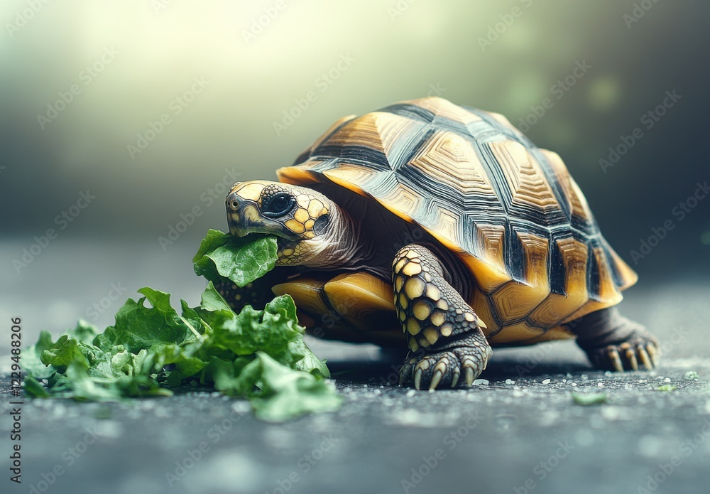 Poster close-up of a tortoise biting green lettuce on a soft surface, emphasizing its unique shell patterns