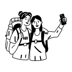 Fototapeta premium Travel buddies taking a selfie while on a hiking adventure together, glyph sticker 