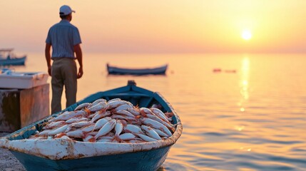 Man on dock with boat full of fish watching peaceful sunrise over calm sea; early morning coastal life scene.