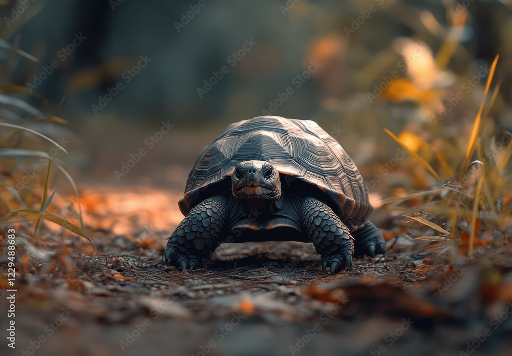 Aufkleber close-up of a tortoise crawling through a forest path surrounded by leaves and warm sunlight, showca