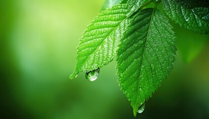 Closeup of a green leaf with a water drop on its surface
