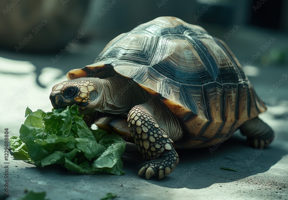 Poster close-up of a tortoise eating fresh green lettuce in a sunny environment showcasing its unique shell
