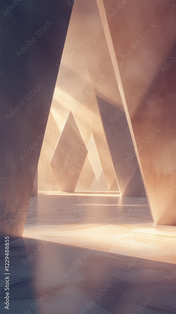 Poster sunlit abstract interior with geometric shapes creating a serene and minimalist atmosphere.