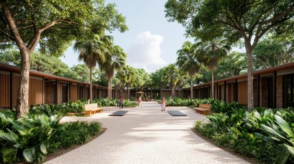 Modern resort courtyard with lush greenery and wooden architecture, creating a serene outdoor environment for relaxation and leisure.