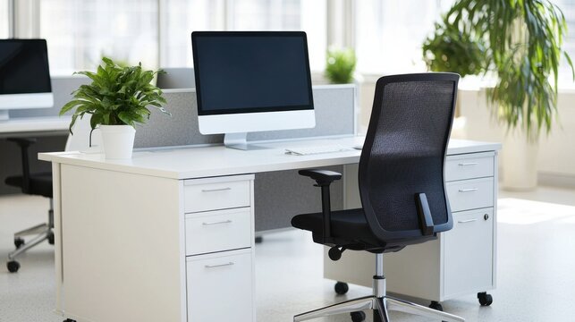 Modern office desk with computer, ergonomic chair, and plants in a bright workspace, offering a clean, professional environment.