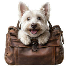 Happy dog peeking from stylish vintage brown leather bag with joyful expression