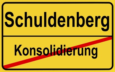 Sign city limits, symbolic image for the conflict between debts and consolidation