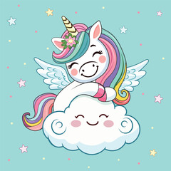 Cute humble unicorn with horn and wings hugs cloud. Poster, Banner, Flyer, Greeting Card. Vector illustration in flat cartoon style