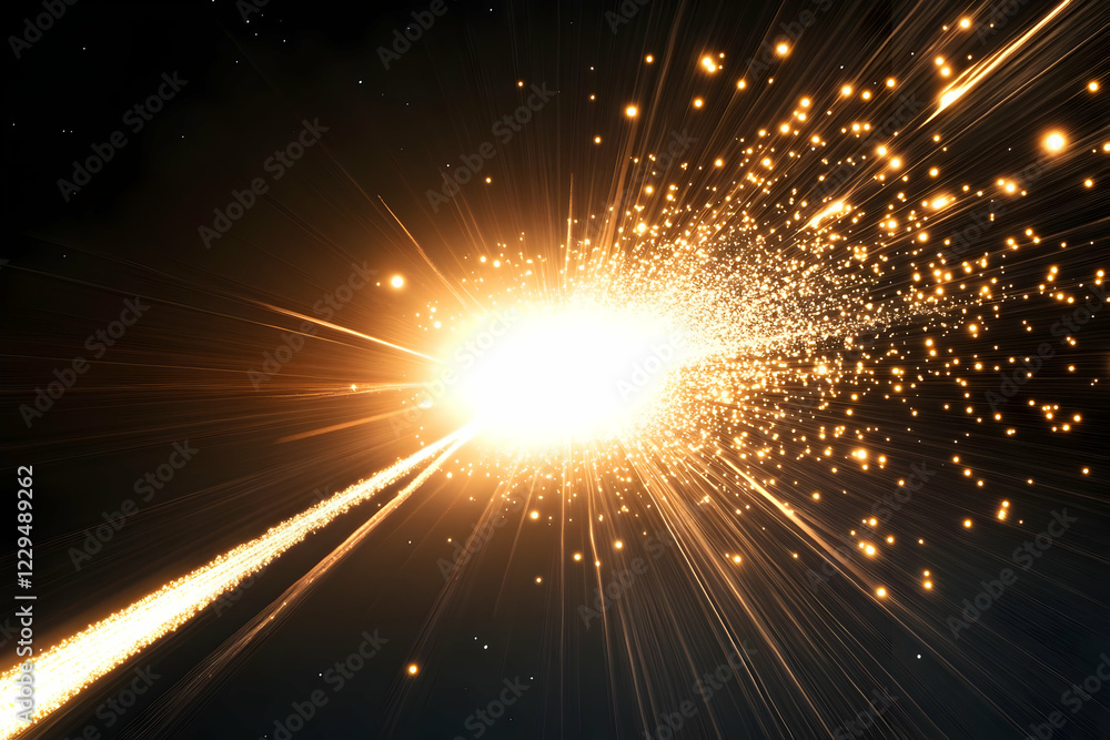 Poster golden light explosion illuminates dark background with radiant particles and beams dynamically