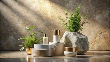 Elegant stone podium showcases cosmetics, enhanced by lush greenery in a striking double exposure 3D render.