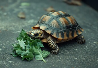 Close-Up of a Tortoise Enjoying Fresh Green Kale on a Stone Surface in a Natural Outdoor Environment