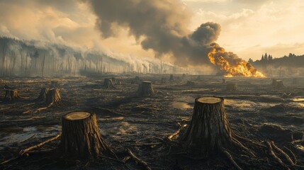 Naklejka premium A forest fire is burning in the distance, with smoke and flames visible in the sky. The scene is desolate and bleak, with the fire destroying everything in its path