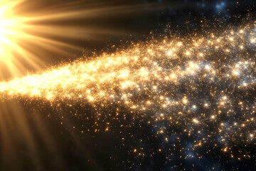 Naklejka premium Golden Sparkle Trail Flows Across Dark Background with Light Rays Beautifully Illuminated.