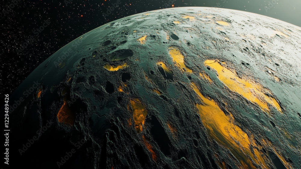 Poster a planet with a lot of craters and a yellowish tint. the planet is surrounded by stars and he is in 