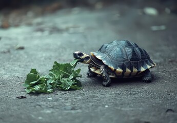 Obraz premium Close-Up of a Tortoise Feeding on Fresh Green Leaves on a Gray Surface in Natural Lighting