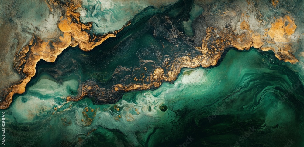 Poster emerald & gold abstract: a captivating abstract art piece featuring swirls of vibrant emerald green 