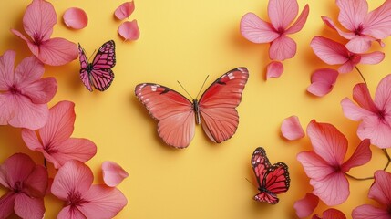 A vibrant arrangement of pink butterflies surrounded by pink flowers on a cheerful yellow background, creating a lively and colorful scene.