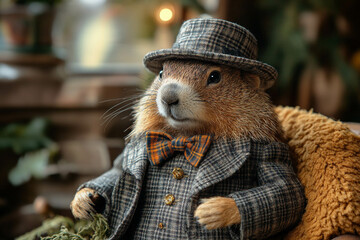 Obraz premium A stylishly dressed groundhog wearing a plaid suit, bow tie, and hat, sitting comfortably in a cozy setting with soft textures and warm colors.