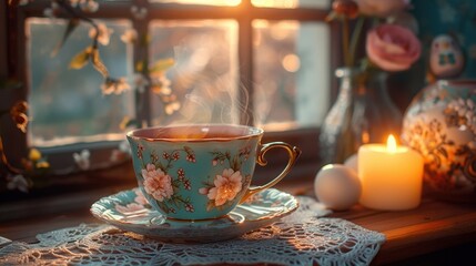Fototapeta premium Tea cup sitting on a table with a candle, drink background