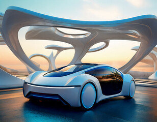 Obraz premium 未来的でデザインがスポーツ的なAI自動運転車両。背景は芸術的なオブジェクト。