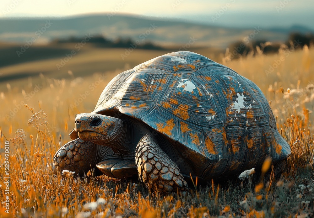 Aufkleber close-up of a tortoise resting in a golden field under soft evening light, showcasing its intricate 