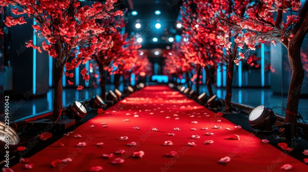 Poster elegant red carpet event adorned with cherry blossom trees and soft lighting, creating a festive atm