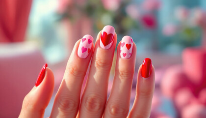 Naklejka premium Valentine's day heart-patterned nail art on woman's hand with pink and red colors. The 14th of February. Happy Valentine's Day