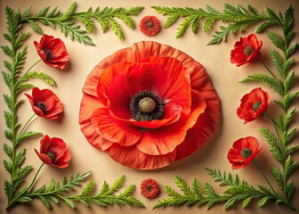 Red Poppy Floral Frame - Beige Background Flat Lay