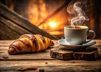Enchanting tilt-shift photography: miniature 8K croissant coffee scene, perfect HD wallpaper.