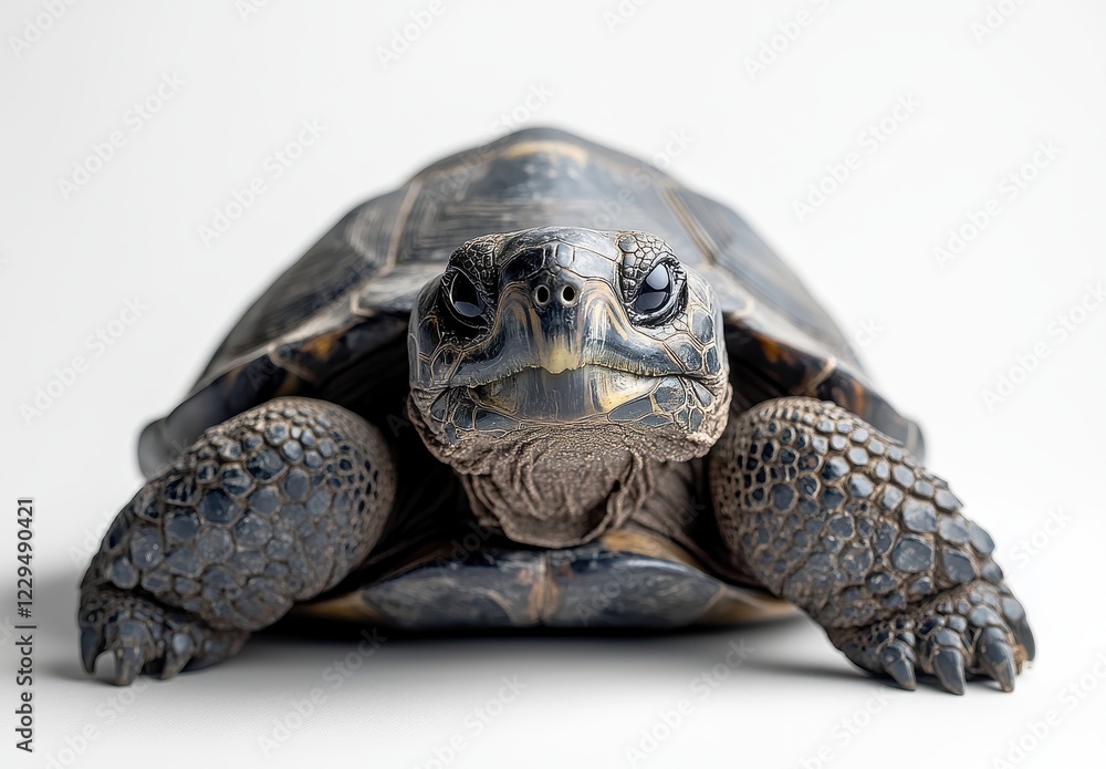 Poster close-up of a tortoise with intricate texture and detail showcasing natural features on a light back